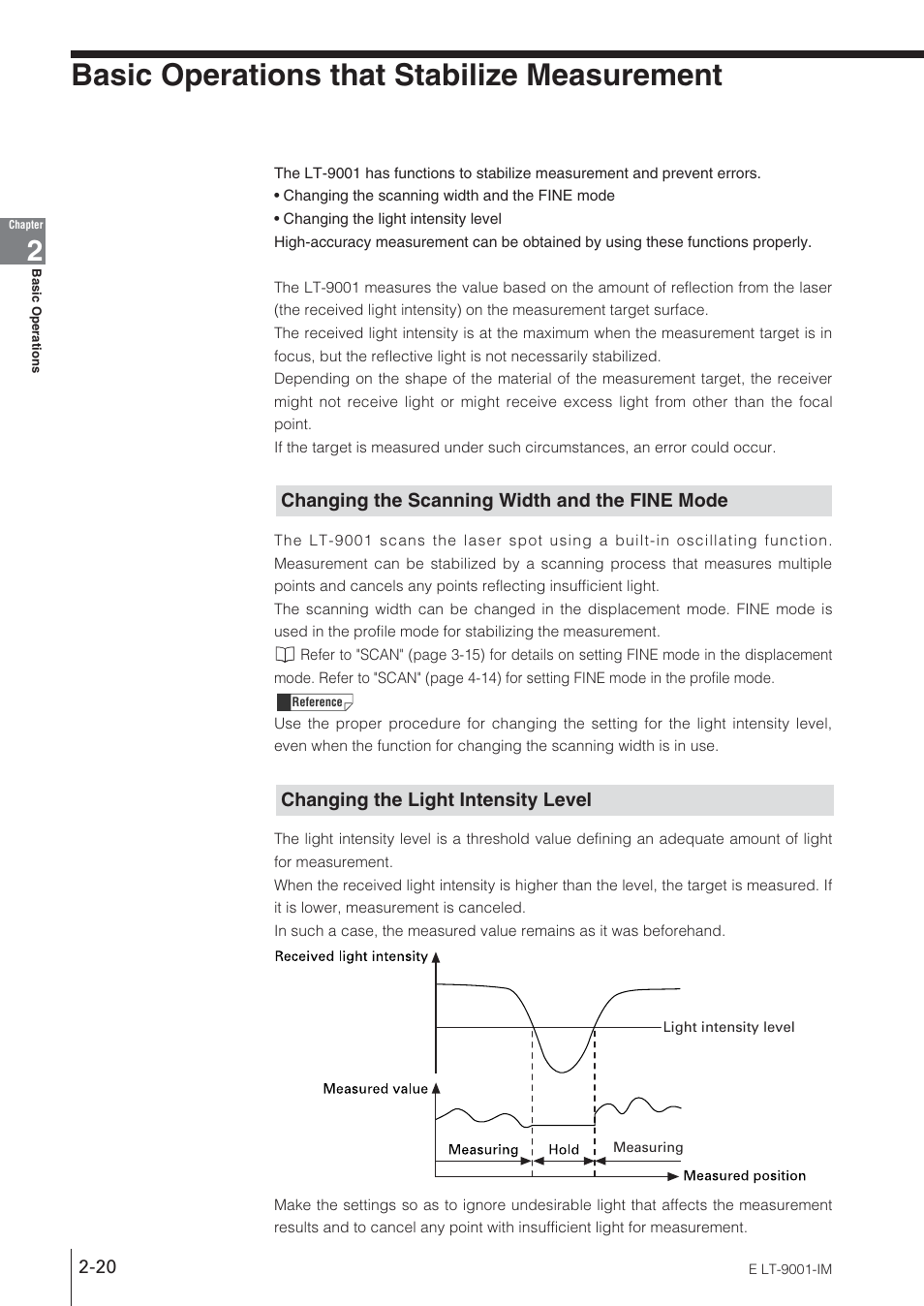 Basic operations that stabilize measurement, Changing the scanning width and the fine mode, Changing the light intensity level | KEYENCE LT-9001 Series User Manual | Page 38 / 176