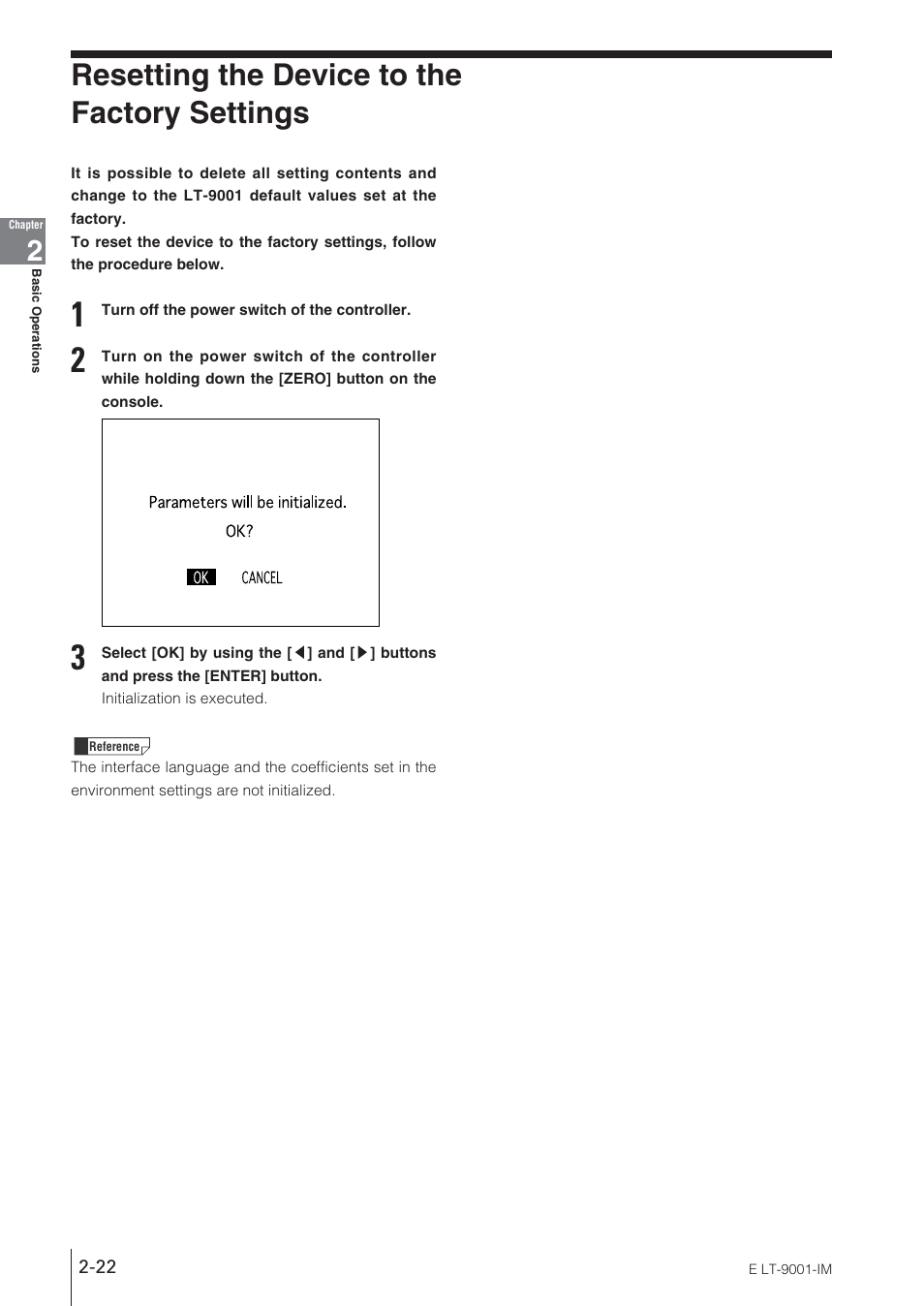 Resetting the device to thefactory settings, Resetting the device to the factory settings | KEYENCE LT-9001 Series User Manual | Page 40 / 176