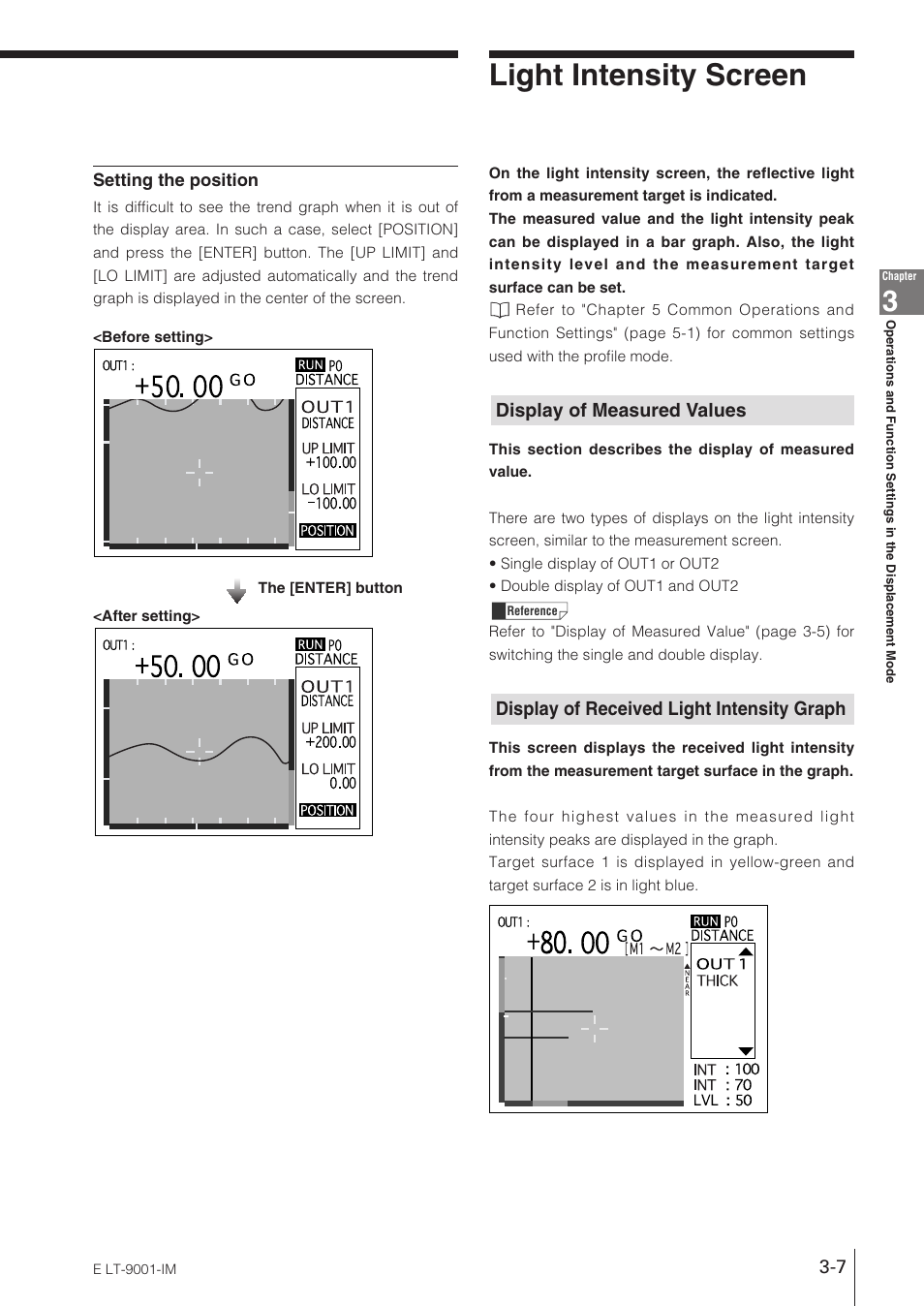 Light intensity screen, Display of measured values, Display of received light intensity graph | KEYENCE LT-9001 Series User Manual | Page 53 / 176