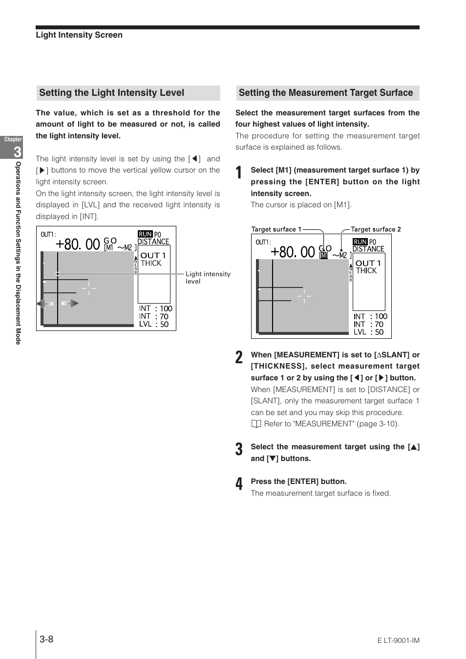 Setting the light intensity level, Setting the measurement target surface | KEYENCE LT-9001 Series User Manual | Page 54 / 176