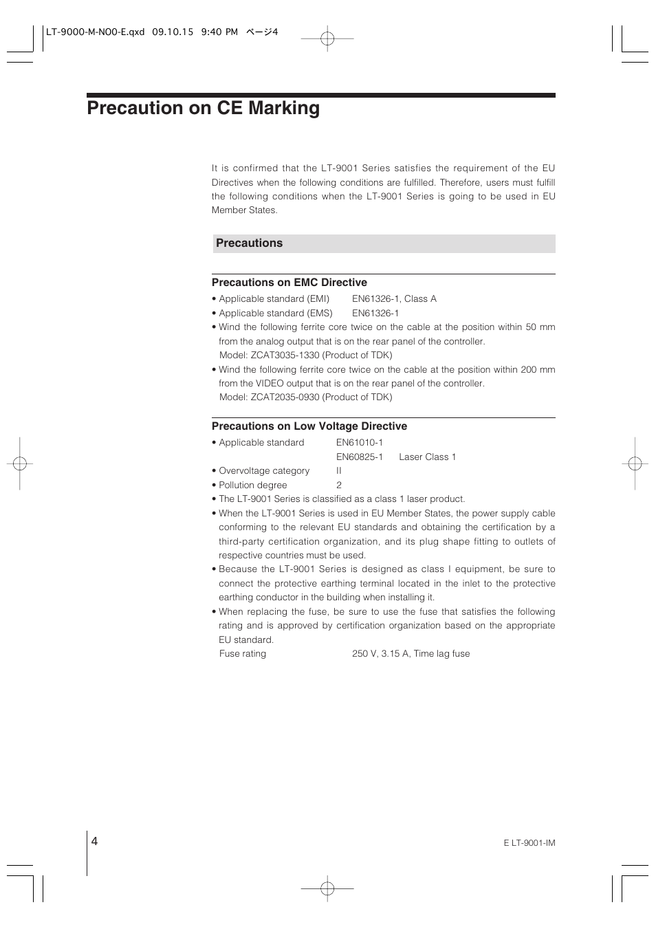 Precaution on ce marking, Precautions | KEYENCE LT-9001 Series User Manual | Page 6 / 176