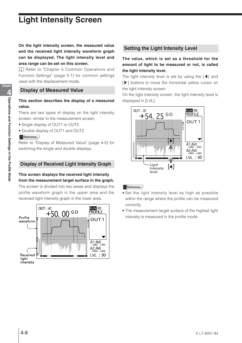 Light intensity screen, Display of measured value, Display of received light intensity graph | Setting the light intensity level | KEYENCE LT-9001 Series User Manual | Page 74 / 176