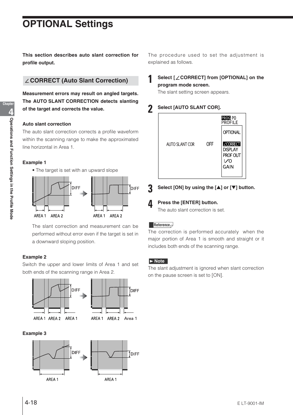 Optional settings, Correct (auto slant correction) | KEYENCE LT-9001 Series User Manual | Page 84 / 176