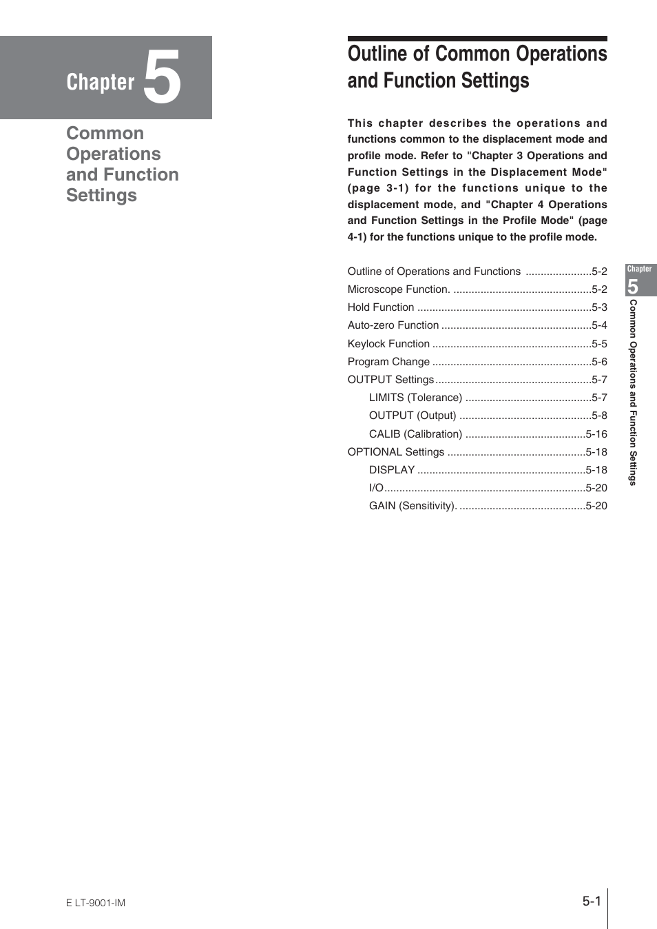 Chapter 5 common operations and function settings, Outline of common operationsand function settings, Chapter | Outline of common operations and function settings, Common operations and function settings | KEYENCE LT-9001 Series User Manual | Page 87 / 176