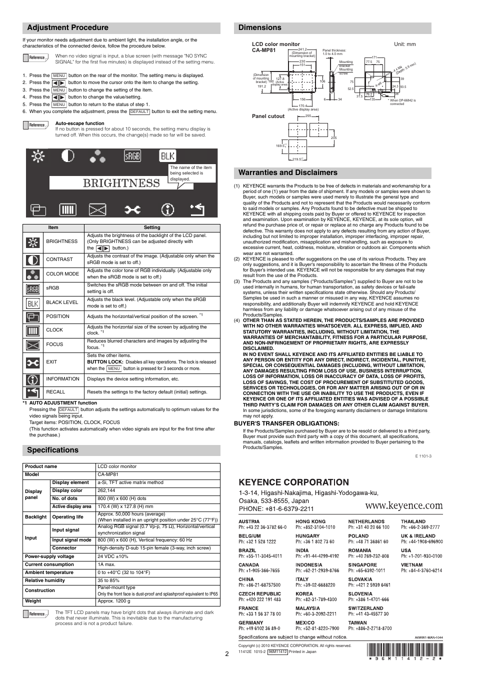 Adjustment procedure, Specifications, Dimensions | Warranties and disclaimers, Dimensions warranties and disclaimers, Buyer's transfer obligations | KEYENCE CA-MP81 User Manual | Page 2 / 2