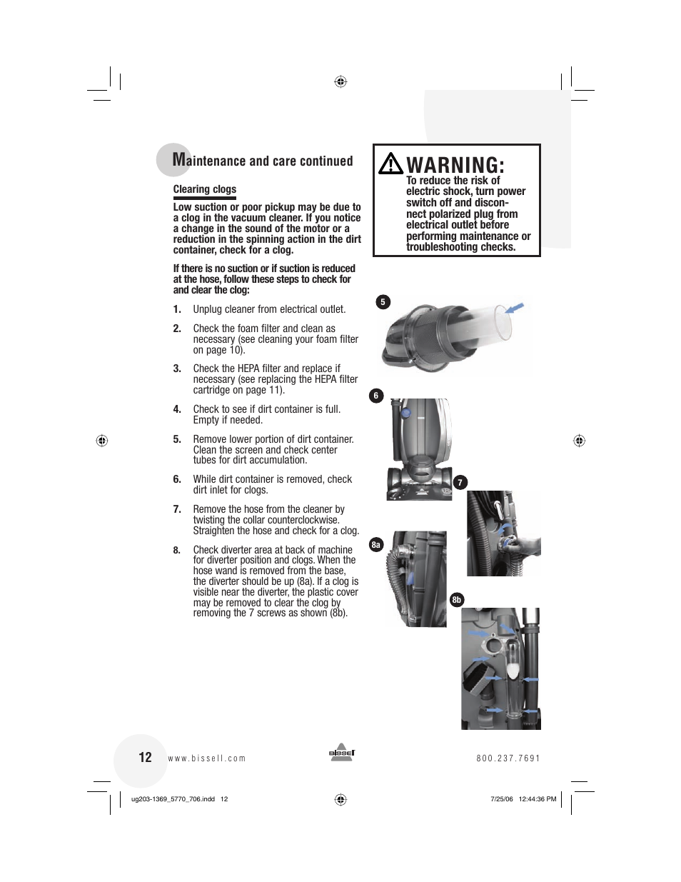 Warning | Bissell 5770 User Manual | Page 12 / 20