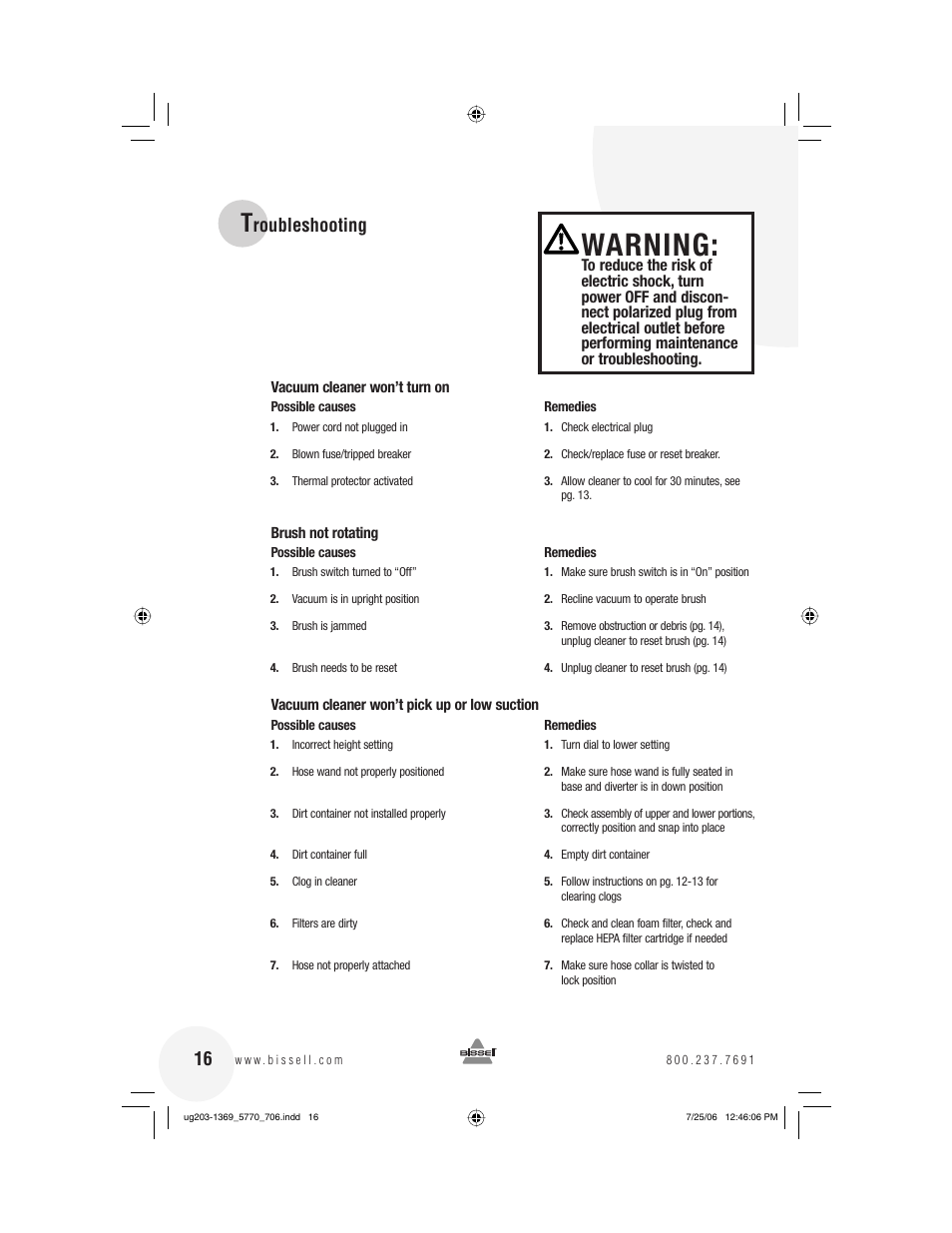 Warning, Roubleshooting | Bissell 5770 User Manual | Page 16 / 20