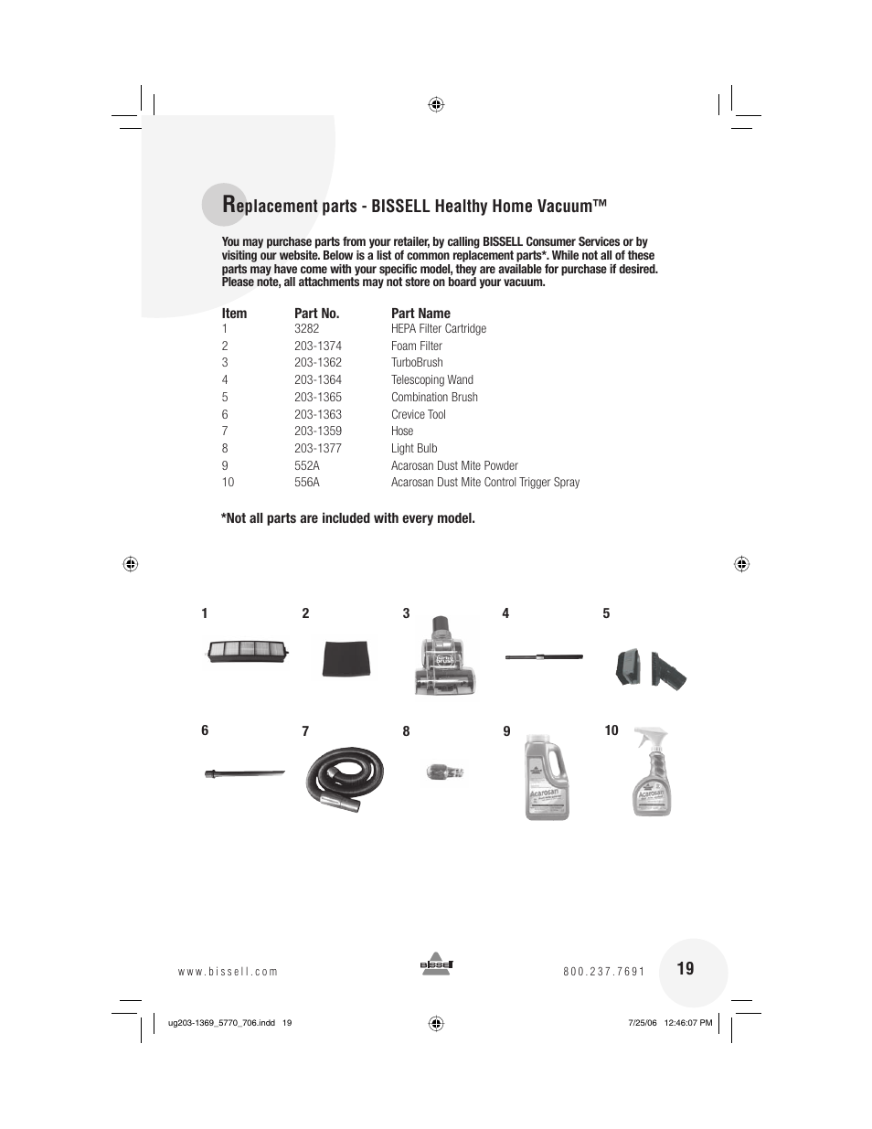 Eplacement parts - bissell healthy home vacuum | Bissell 5770 User Manual | Page 19 / 20