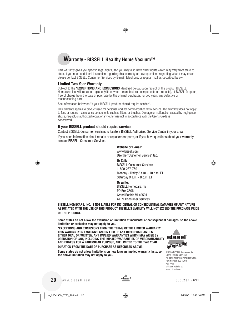 Arranty - bissell healthy home vacuum | Bissell 5770 User Manual | Page 20 / 20