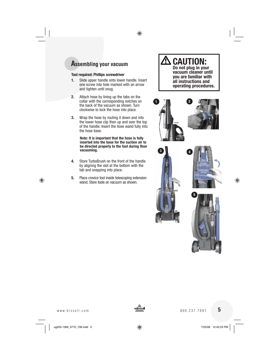 Caution, Ssembling your vacuum | Bissell 5770 User Manual | Page 5 / 20