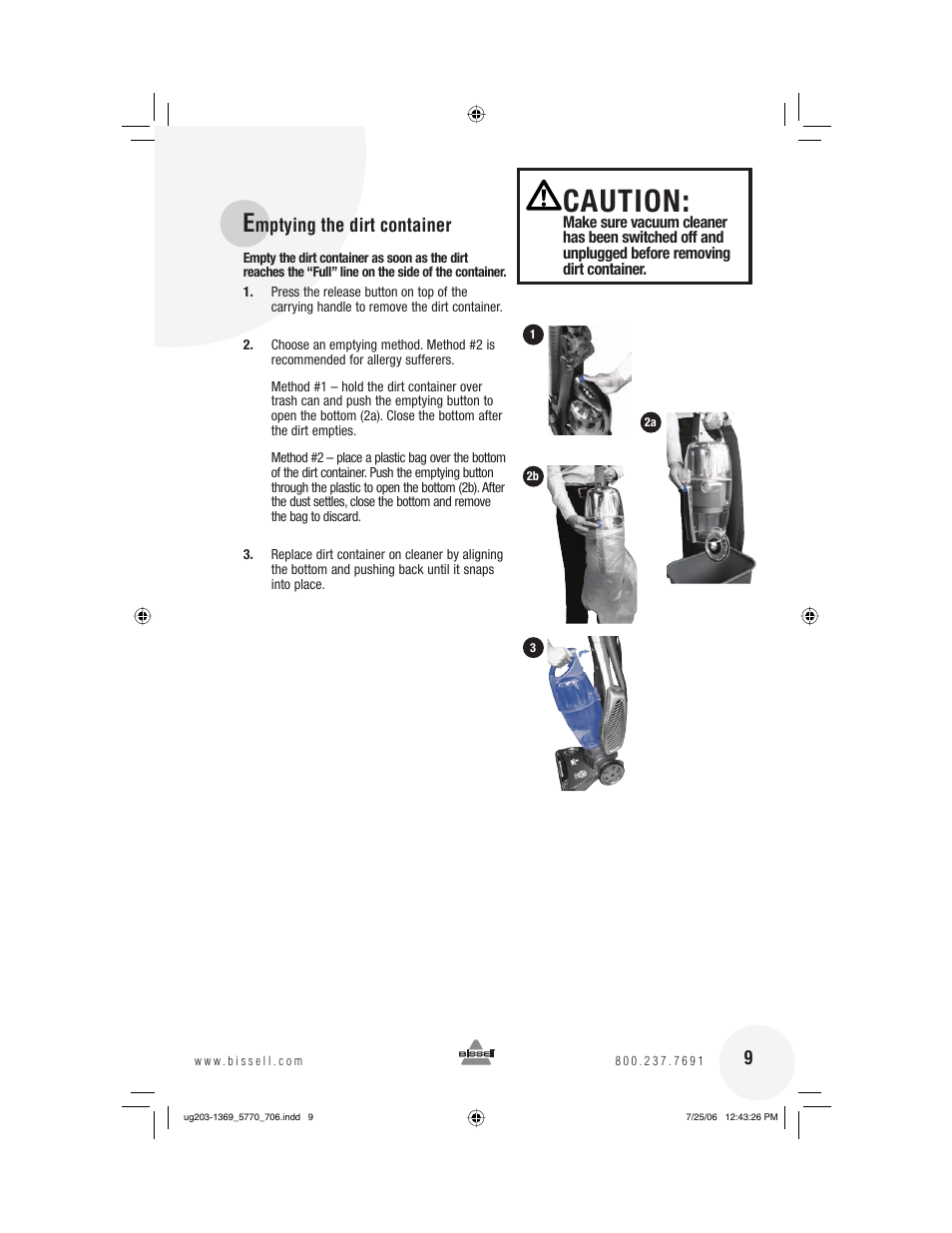 Caution, Mptying the dirt container 9 | Bissell 5770 User Manual | Page 9 / 20