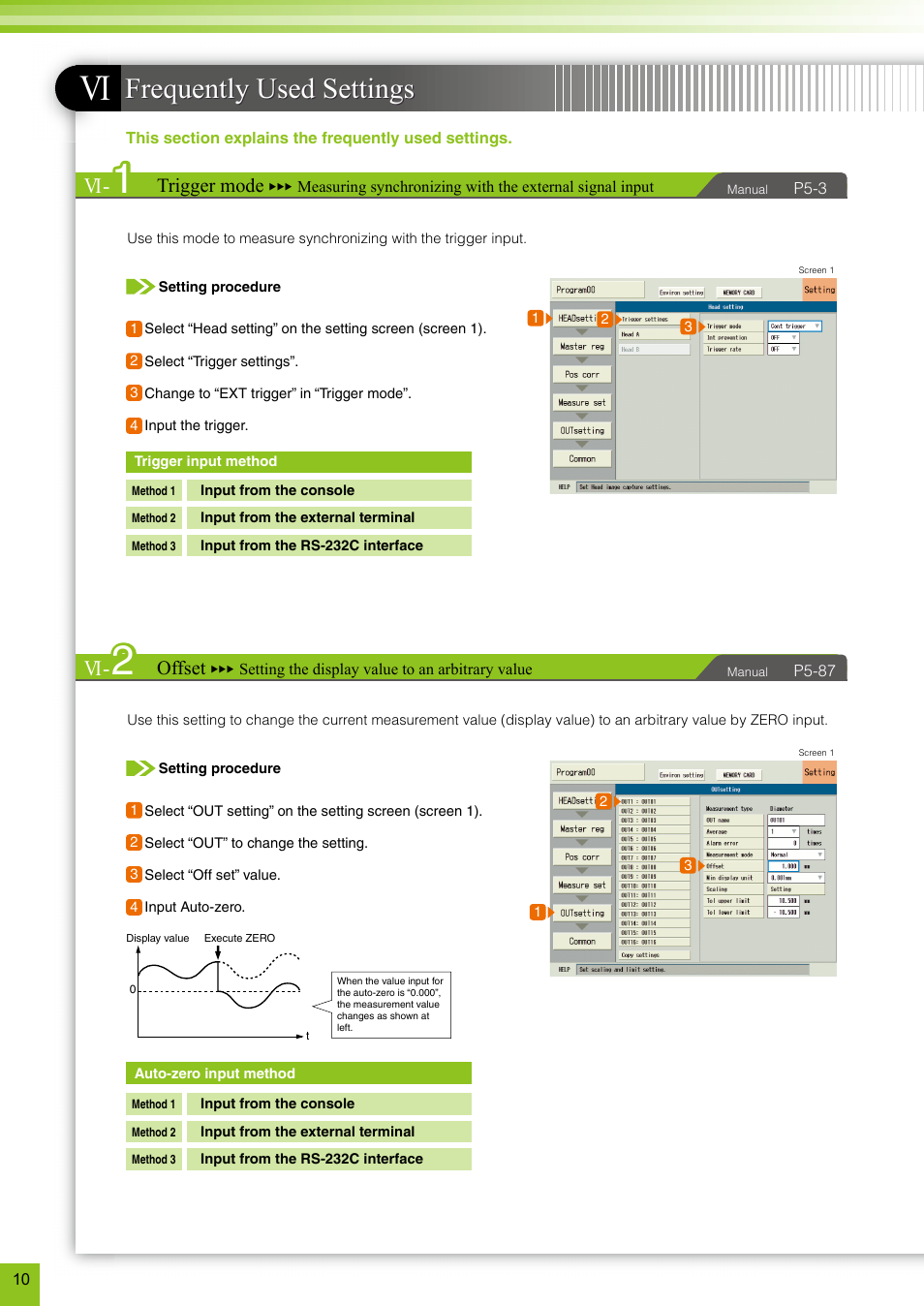 Frequently used settings, Trigger mode, Offset | KEYENCE TM-3000 Series User Manual | Page 10 / 16