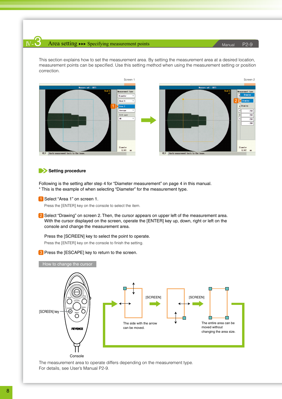 Area setting, P2-9, Specifying measurement points | KEYENCE TM-3000 Series User Manual | Page 8 / 16