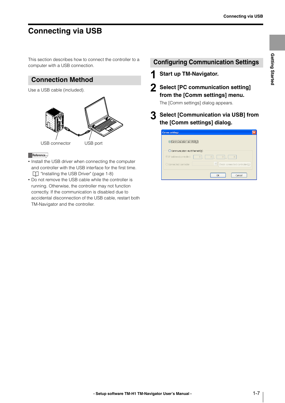 Connecting via usb, Connection method, Configuring communication settings | Connecting via usb -7 | KEYENCE TM-3000 Series User Manual | Page 11 / 84