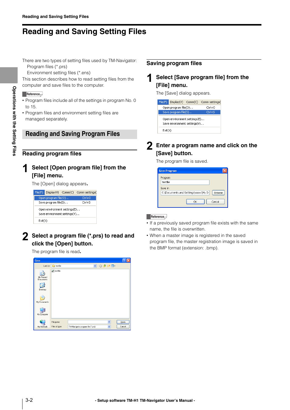 Reading and saving setting files, Reading and saving program files, Reading and saving setting files -2 | Reading and saving program files -2 | KEYENCE TM-3000 Series User Manual | Page 20 / 84