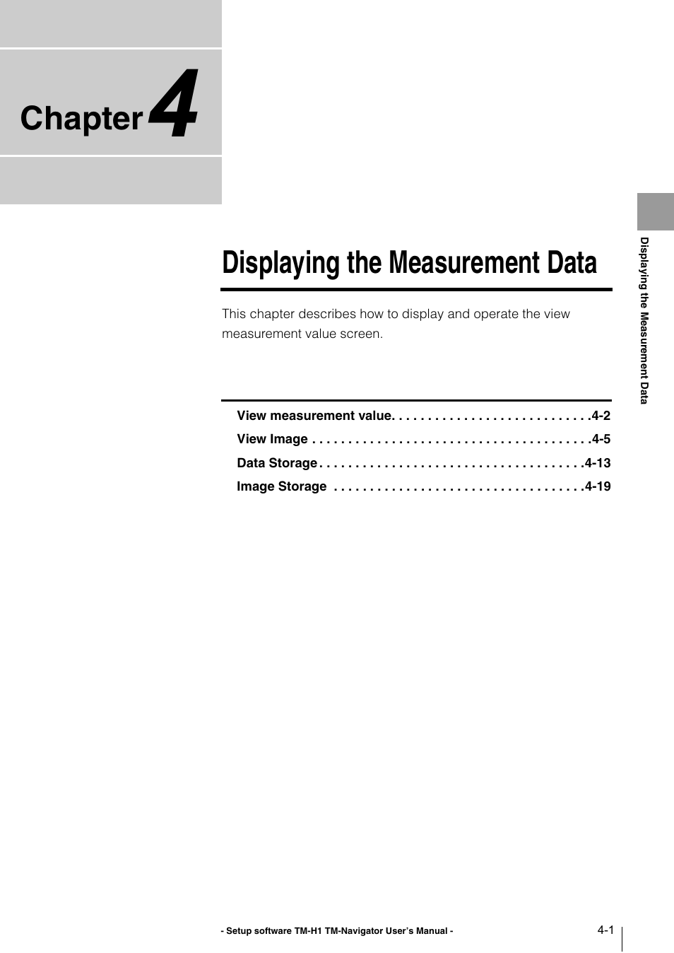 Chapter 4 displaying the measurement data, Chapter 4, Displaying the measure- ment data | Chapter, Displaying the measurement data | KEYENCE TM-3000 Series User Manual | Page 23 / 84