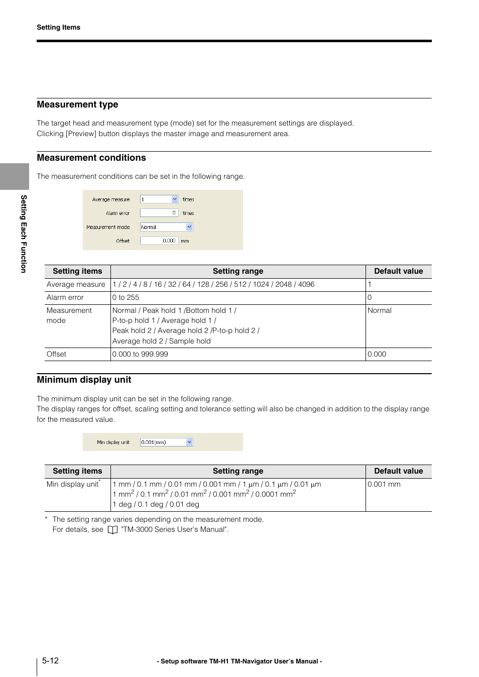 Measurement type, Measurement conditions, Minimum display unit | KEYENCE TM-3000 Series User Manual | Page 58 / 84