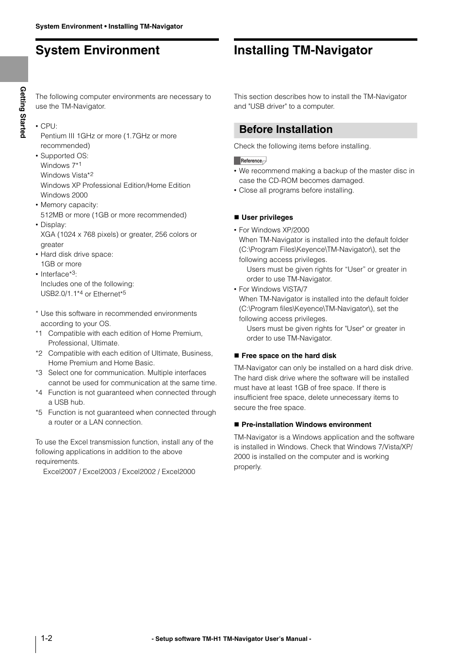 System environment, Installing tm-navigator, Before installation | System environment -2, Installing tm-navigator -2, Before installation -2 | KEYENCE TM-3000 Series User Manual | Page 6 / 84