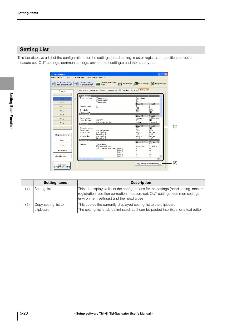 Setting list, Setting list -20 | KEYENCE TM-3000 Series User Manual | Page 66 / 84