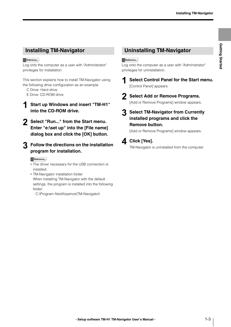 Installing tm-navigator, Uninstalling tm-navigator | KEYENCE TM-3000 Series User Manual | Page 7 / 84