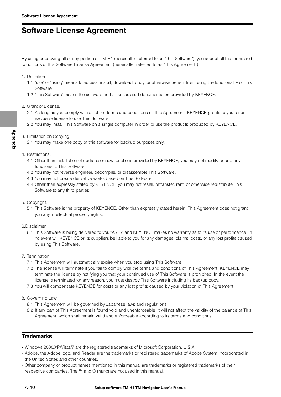 Software license agreement, Trademarks | KEYENCE TM-3000 Series User Manual | Page 78 / 84