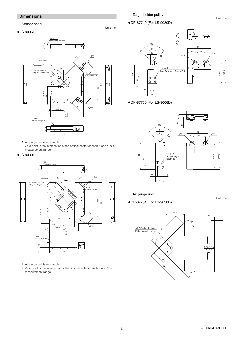 Dimensions, Sensor head, Ls-9006d | Ls-9030d, Target holder pulley | KEYENCE LS-9030D User Manual | Page 5 / 6