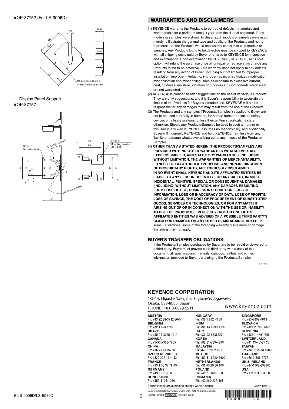 Warranties and disclaimers, Buyer's transfer obligations | KEYENCE LS-9030D User Manual | Page 6 / 6