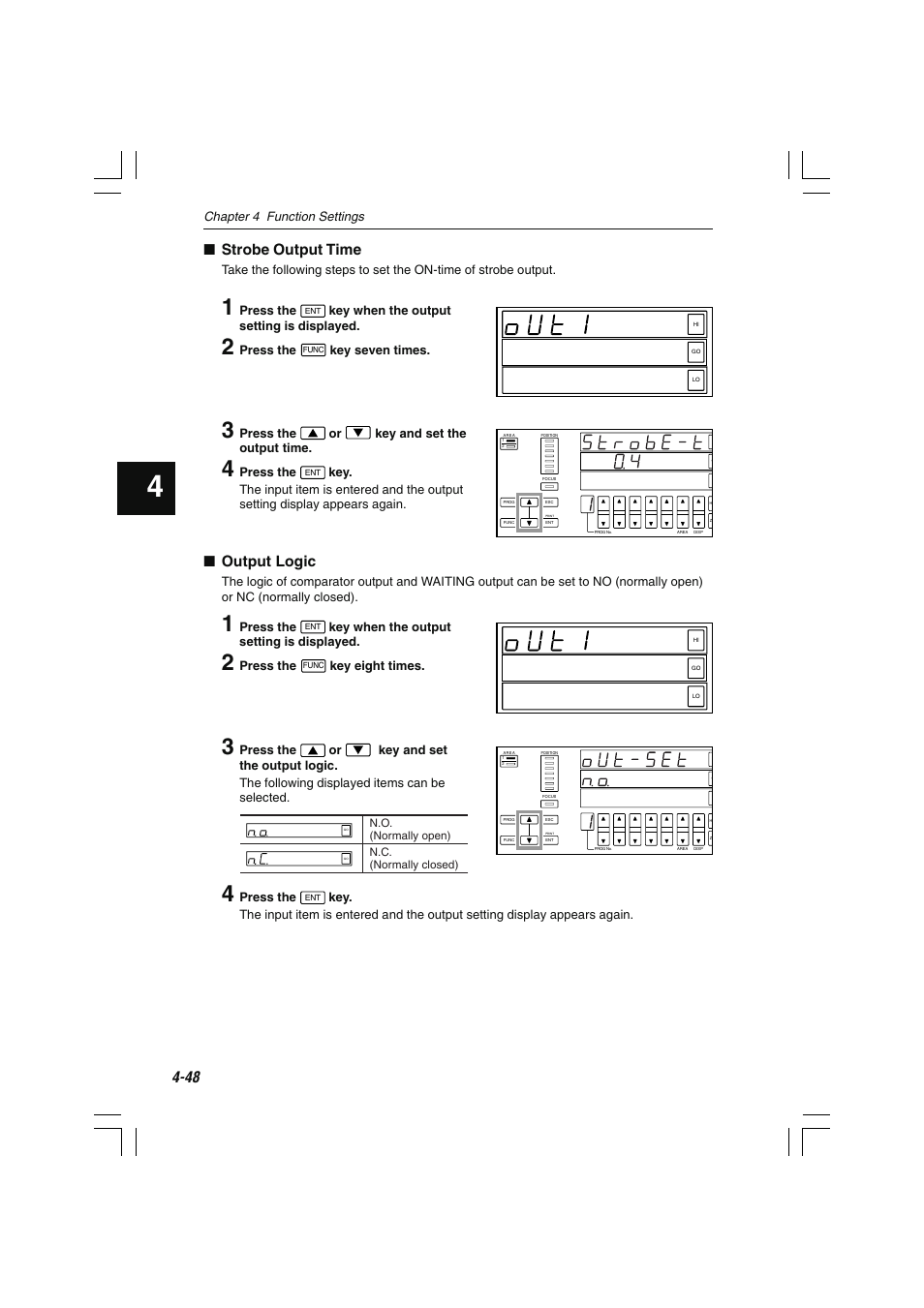 Strobe output time, Output logic, Chapter 4 function settings | Press the, Key when the output setting is displayed, Key seven times, Press the or key and set the output time, Key eight times | KEYENCE LS-7000 User Manual | Page 100 / 192