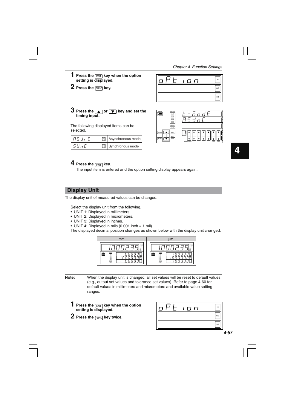 Display unit, Tim lo go hi out 2 out 1, Chapter 4 function settings | Press the, Key when the option setting is displayed, Key twice | KEYENCE LS-7000 User Manual | Page 109 / 192