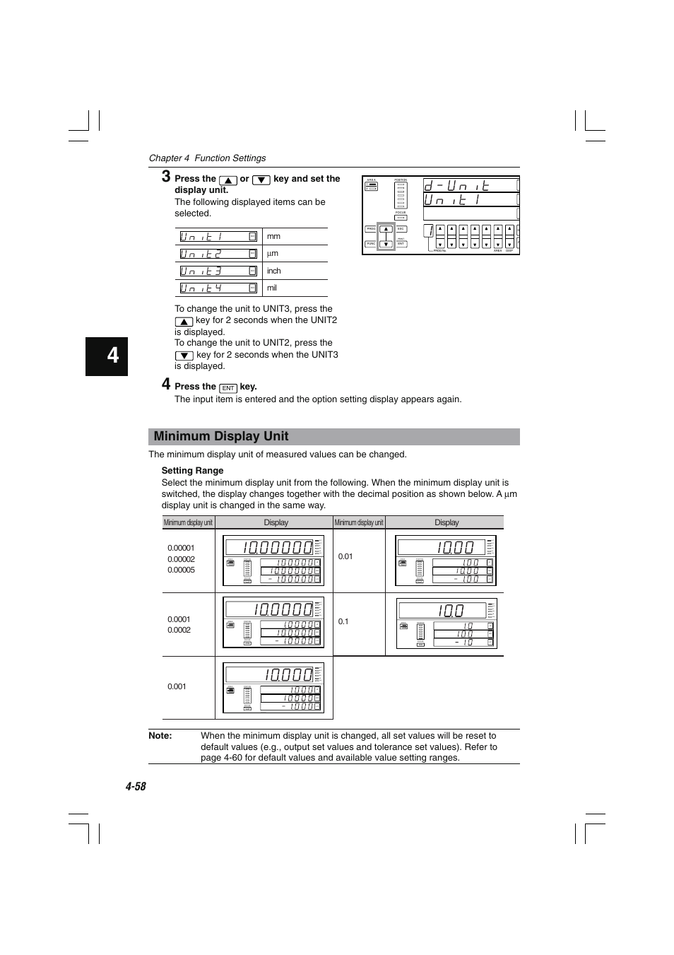 Minimum display unit, Tim lo go hi out 2 out 1, Chapter 4 function settings | Press the | KEYENCE LS-7000 User Manual | Page 110 / 192