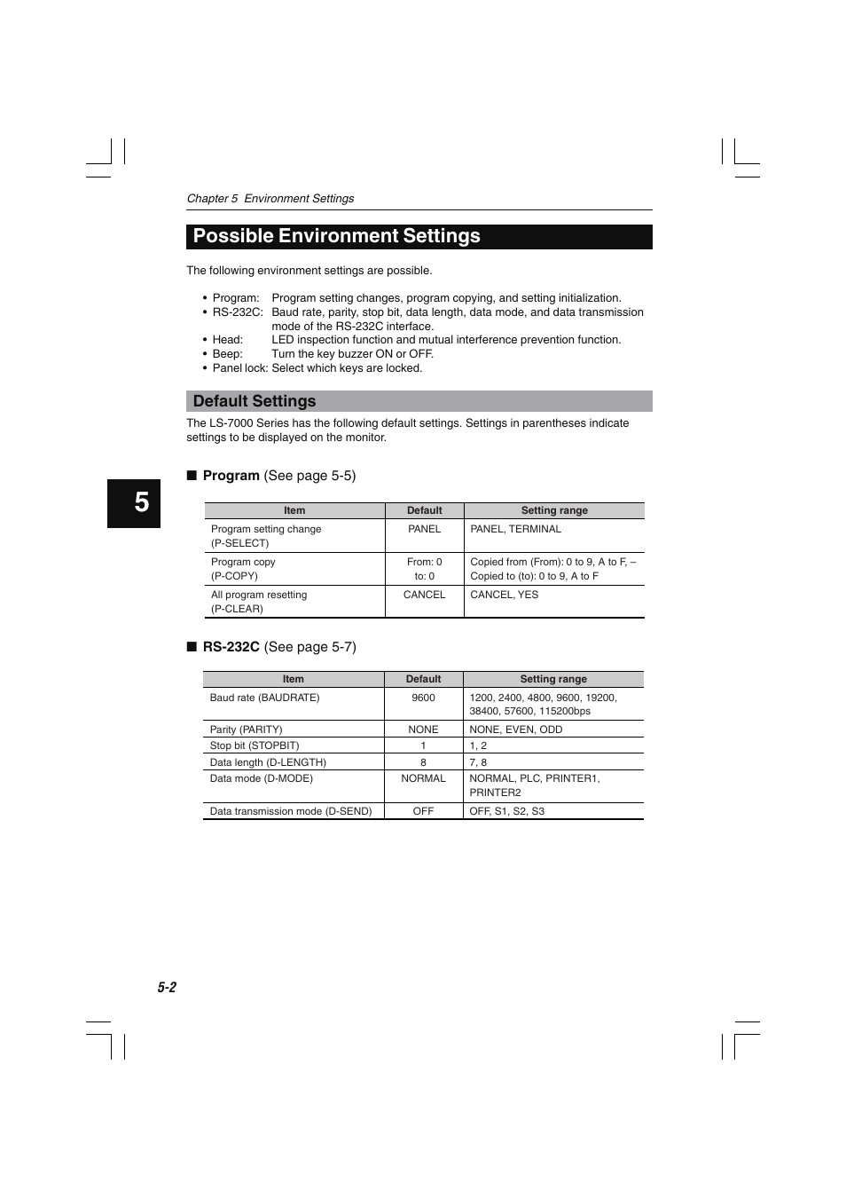 Possible environment settings, Default settings | KEYENCE LS-7000 User Manual | Page 116 / 192