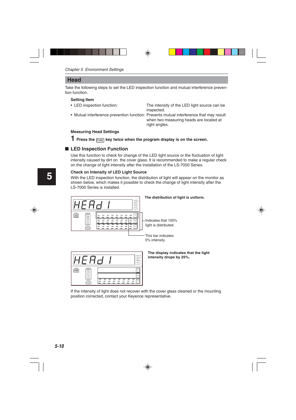 Head, Led inspection function, Chapter 5 environment settings | Press the | KEYENCE LS-7000 User Manual | Page 124 / 192