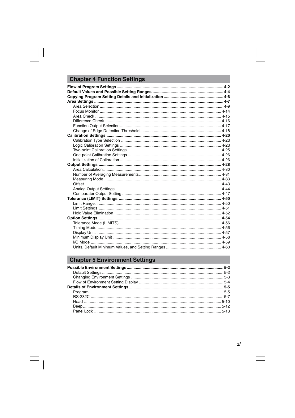 Chapter 4 function settings, Chapter 5 environment settings | KEYENCE LS-7000 User Manual | Page 13 / 192