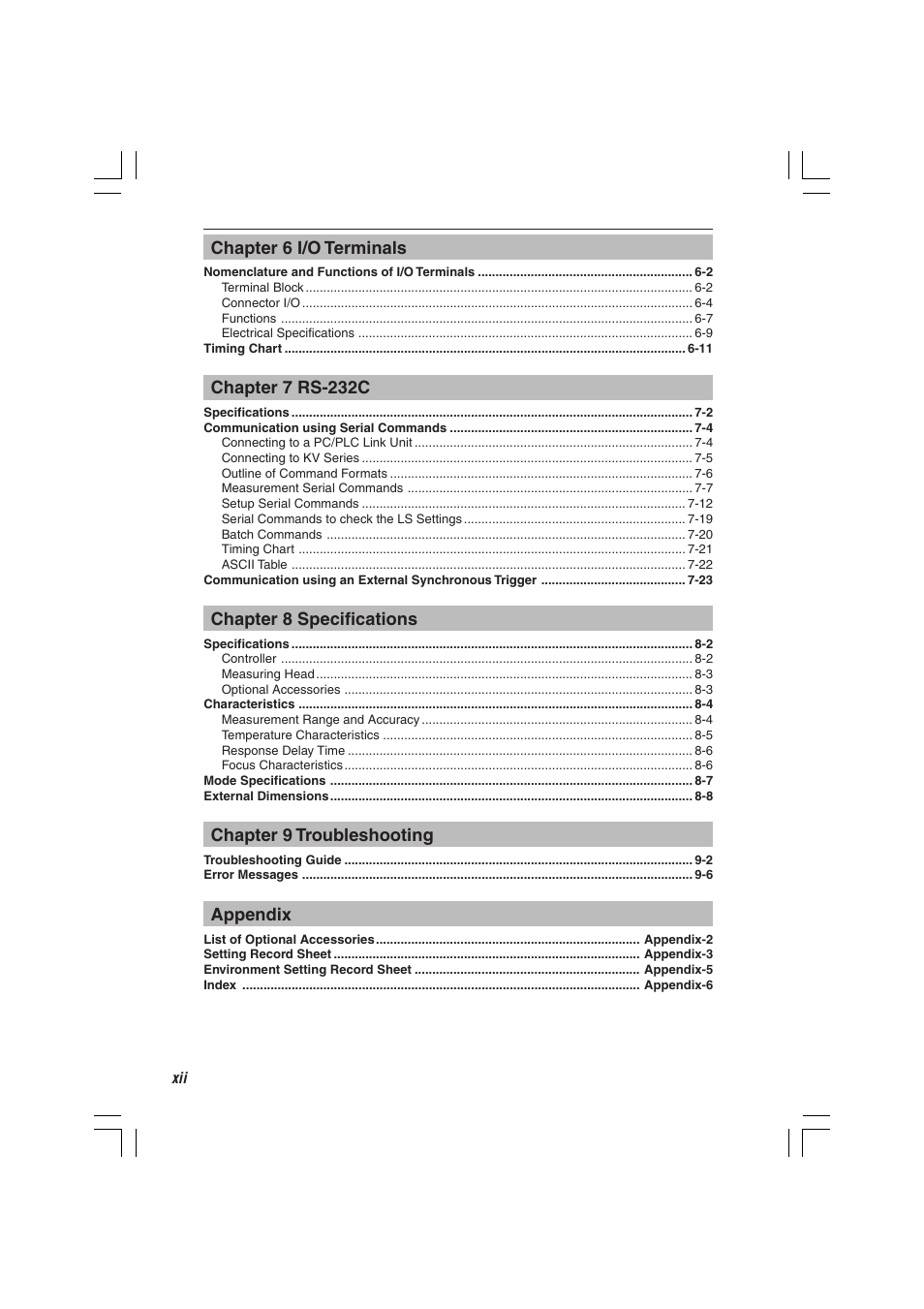 Chapter 6 i/o terminals, Chapter 7 rs-232c, Chapter 8 specifications | Chapter 9 troubleshooting, Appendix | KEYENCE LS-7000 User Manual | Page 14 / 192