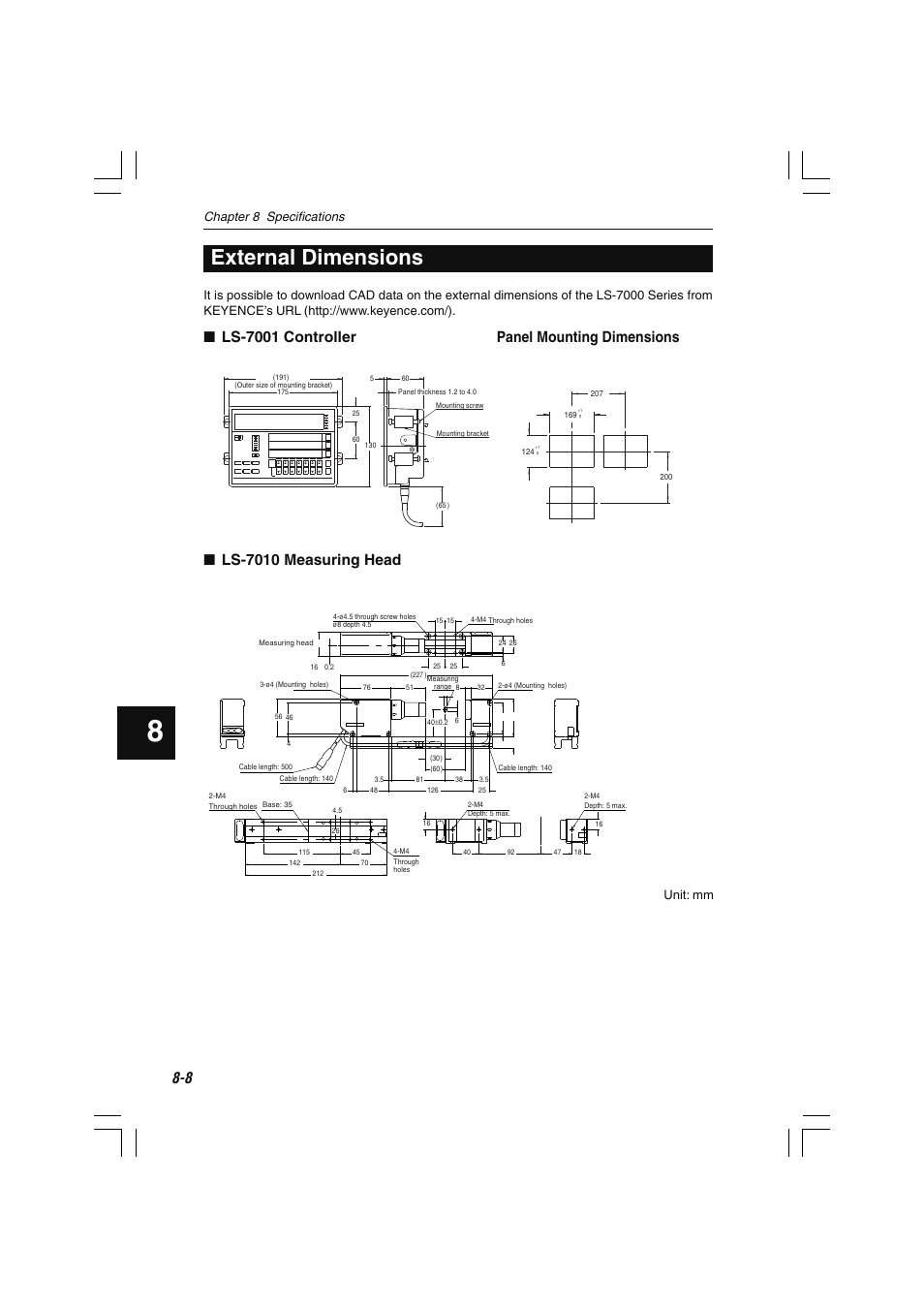 External dimensions, Ls-7001 controller panel mounting dimensions, Ls-7010 measuring head | Chapter 8 specifications, Unit: mm | KEYENCE LS-7000 User Manual | Page 174 / 192