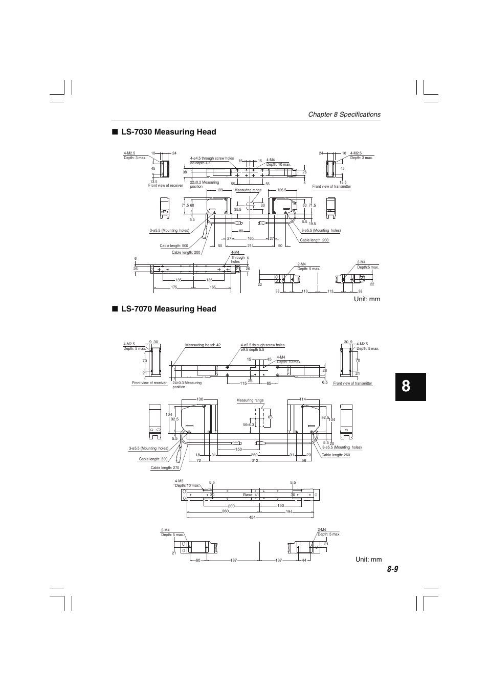 Ls-7030 measuring head, Ls-7070 measuring head, Chapter 8 specifications | Unit: mm | KEYENCE LS-7000 User Manual | Page 175 / 192