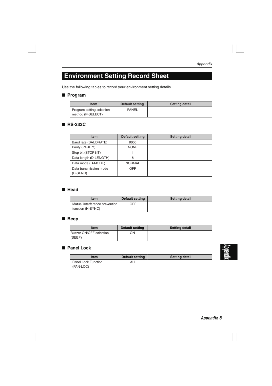 Environment setting record sheet, Appendix | KEYENCE LS-7000 User Manual | Page 187 / 192