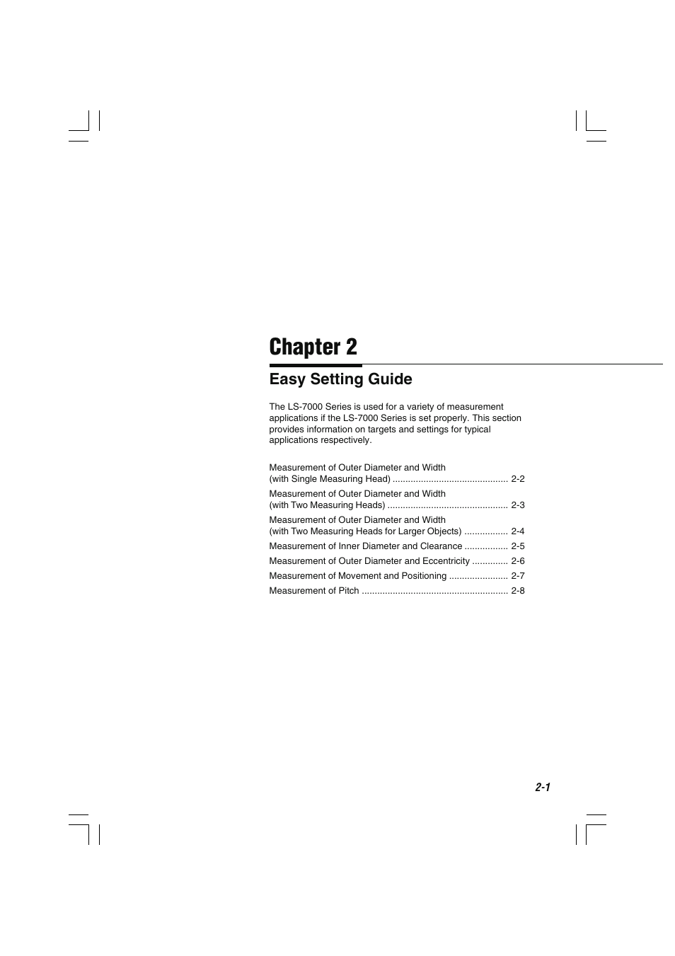 Chapter 2 easy setting guide, Chapter 2, Easy setting guide | KEYENCE LS-7000 User Manual | Page 37 / 192
