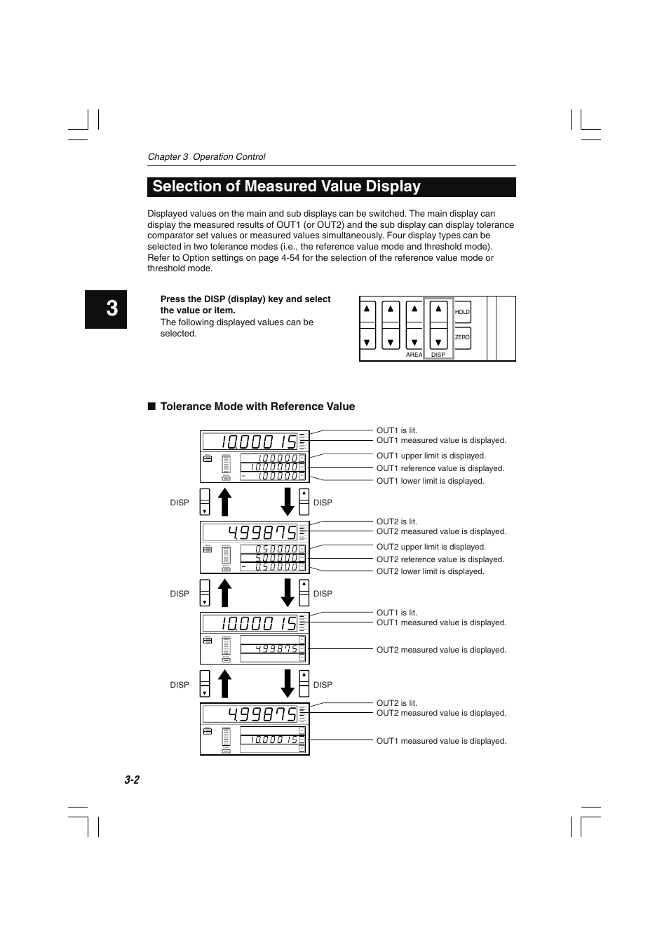 Selection of measured value display, Tolerance mode with reference value, Tim lo go hi out 2 out 1 | Chapter 3 operation control | KEYENCE LS-7000 User Manual | Page 46 / 192
