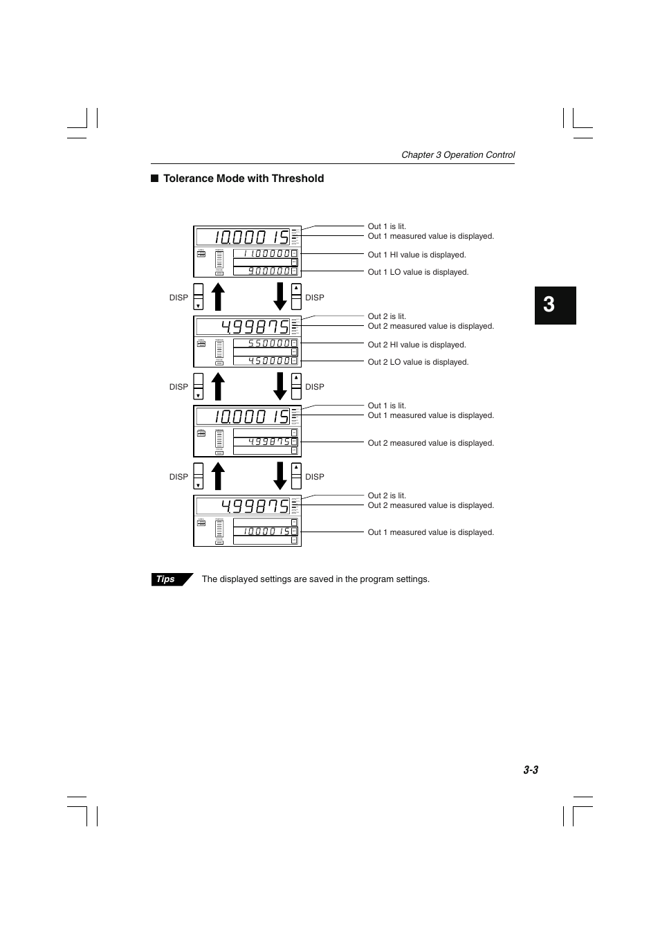 Tolerance mode with threshold, Tim lo go hi out 2 out 1, Chapter 3 operation control | KEYENCE LS-7000 User Manual | Page 47 / 192