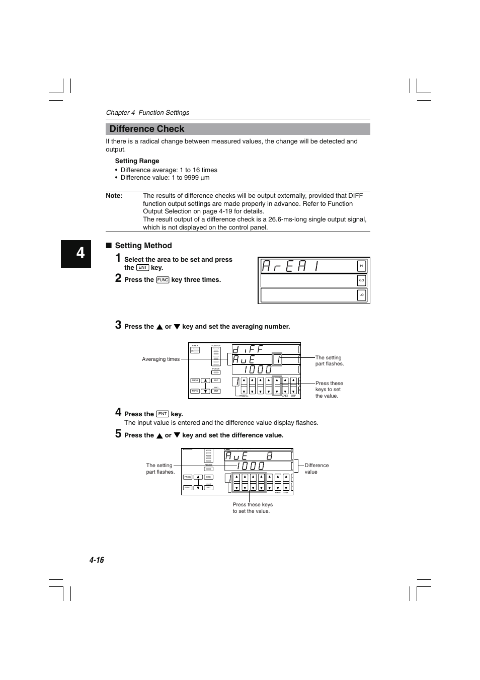 Difference check, Setting method, Chapter 4 function settings | Select the area to be set and press the, Press the, Key three times, Press the or key and set the averaging number, Press the or key and set the difference value | KEYENCE LS-7000 User Manual | Page 68 / 192