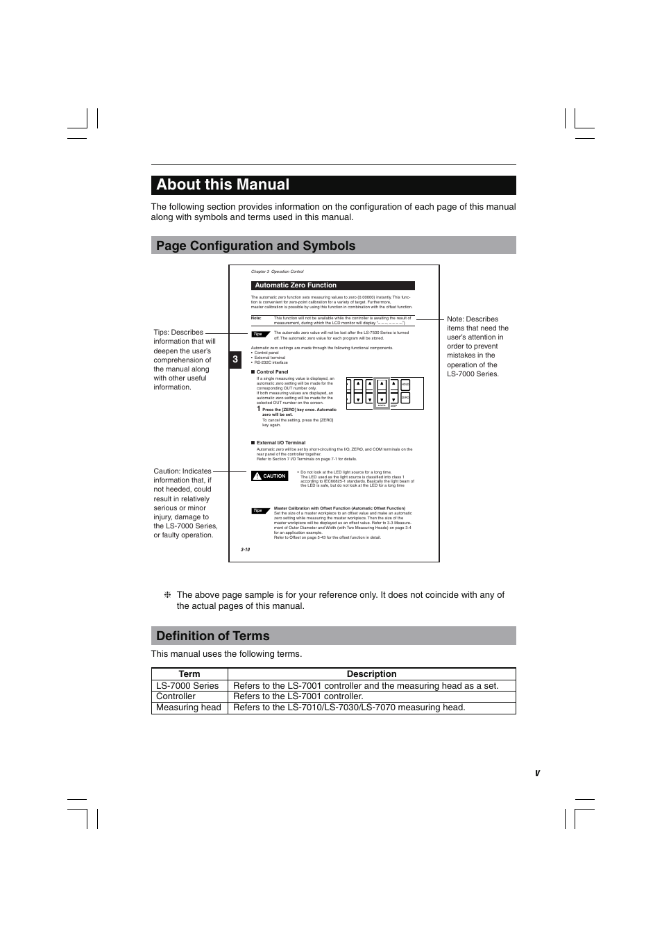About this manual, Definition of terms, Page configuration and symbols | This manual uses the following terms | KEYENCE LS-7000 User Manual | Page 7 / 192