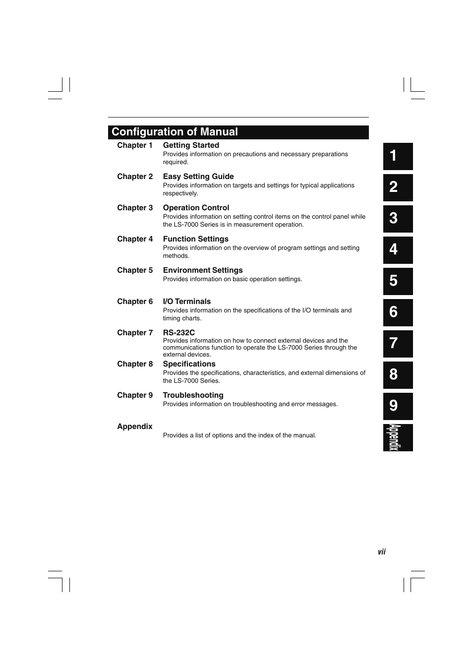 Configuration of manual, Appendix | KEYENCE LS-7000 User Manual | Page 9 / 192