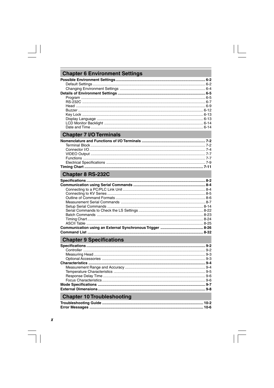Chapter 6 environment settings, Chapter 7 i/o terminals, Chapter 8 rs-232c | Chapter 9 specifications, Chapter 10 troubleshooting | KEYENCE LS-7600 User Manual | Page 12 / 220