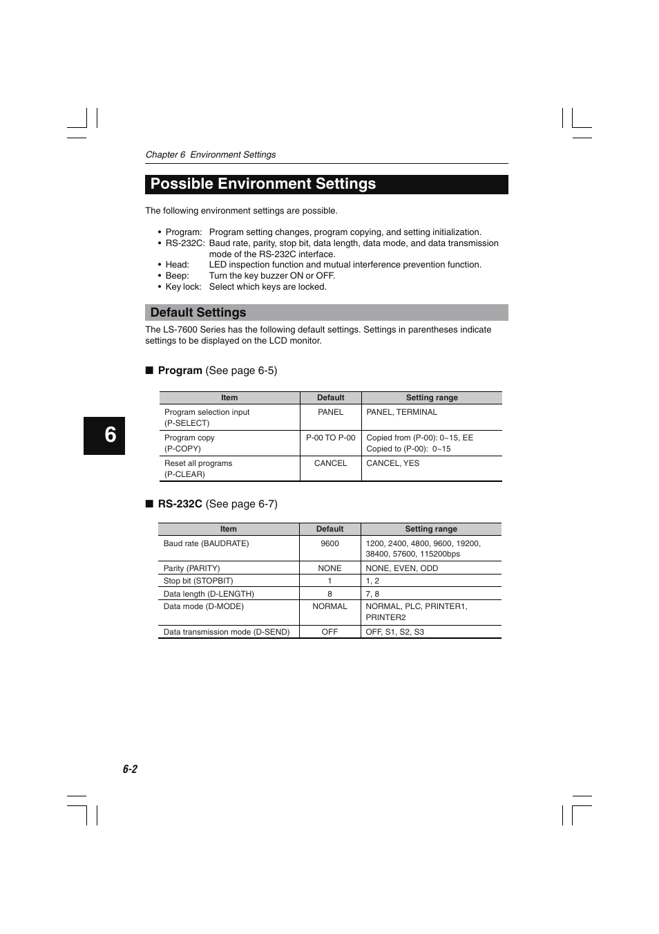 Possible environment settings, Default settings | KEYENCE LS-7600 User Manual | Page 136 / 220