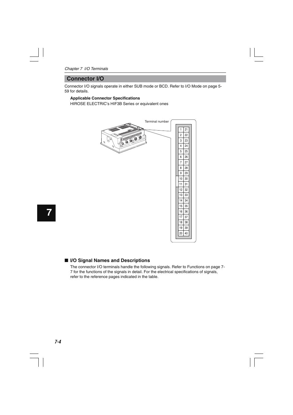 Connector i/o, I/o signal names and descriptions | KEYENCE LS-7600 User Manual | Page 152 / 220