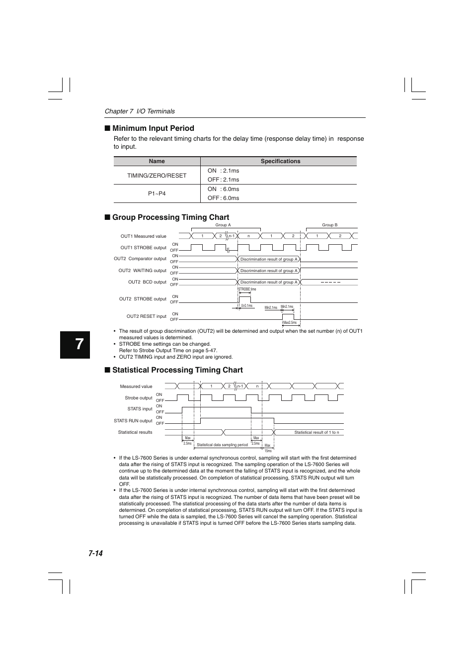 Minimum input period, Group processing timing chart, Statistical processing timing chart | Chapter 7 i/o terminals | KEYENCE LS-7600 User Manual | Page 162 / 220