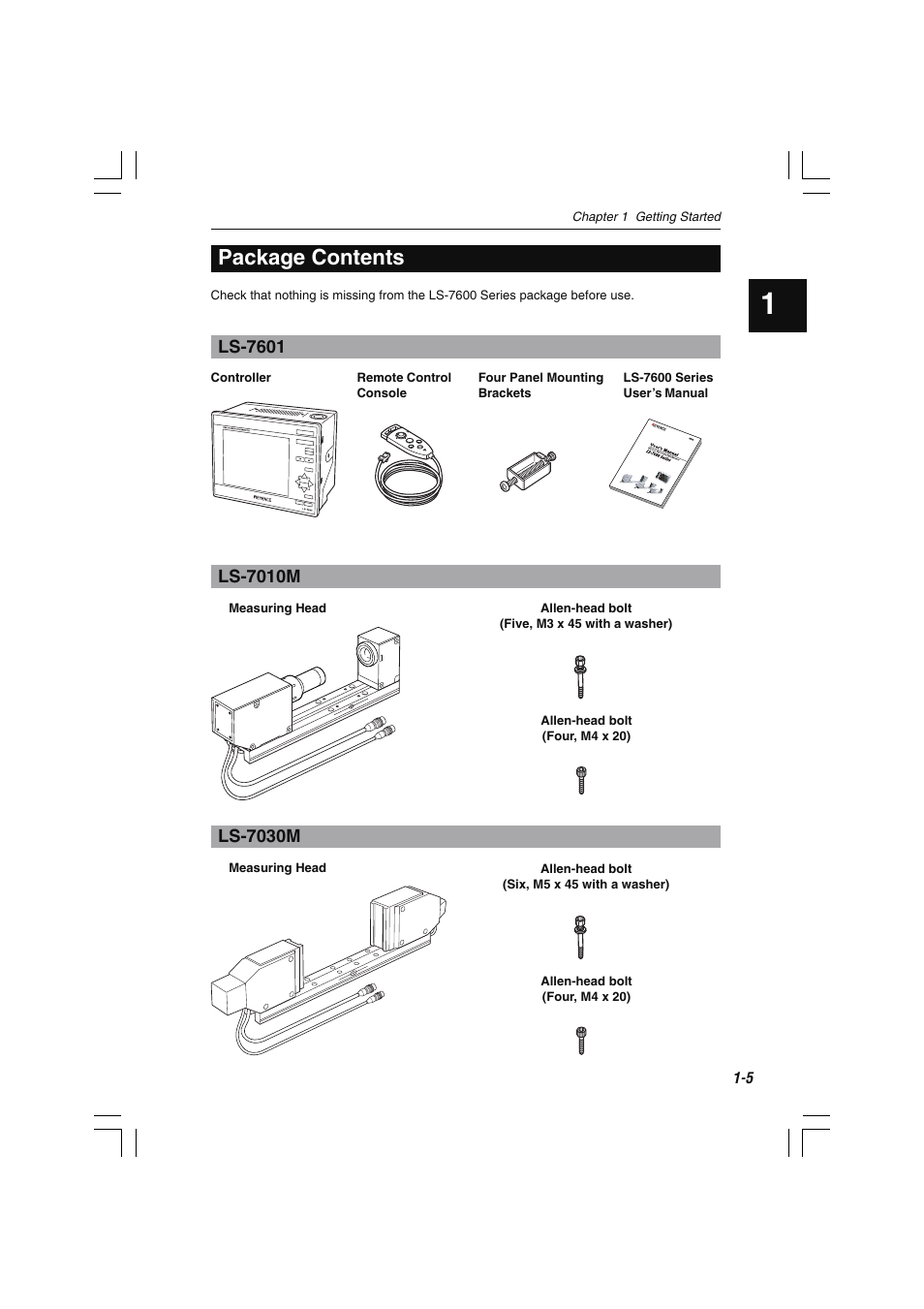 Package contents, Ls-7601, Ls-7010m | Ls-7030m | KEYENCE LS-7600 User Manual | Page 19 / 220