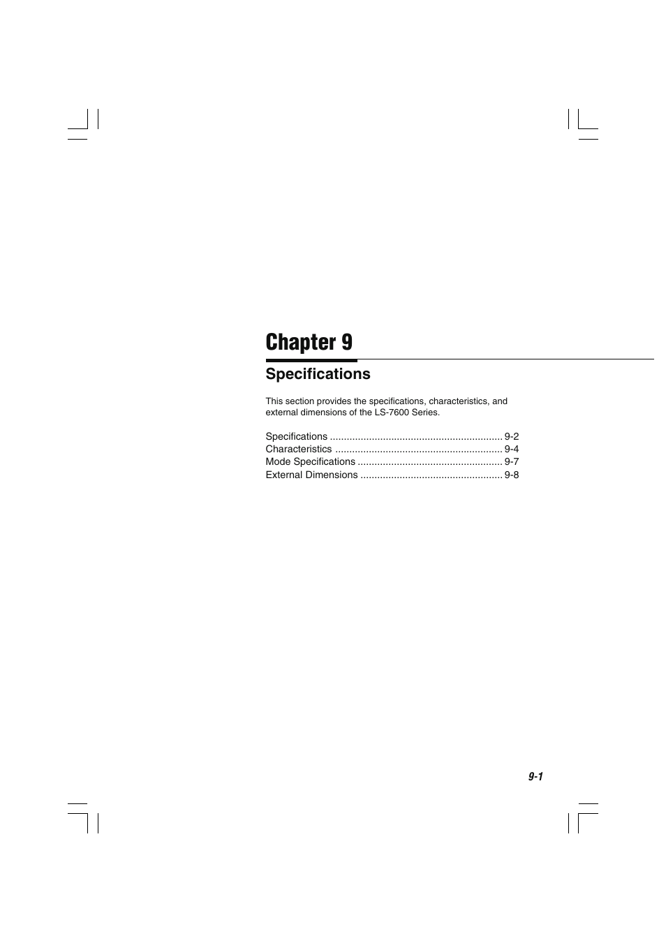 Chapter 9 specifications, Chapter 9 | KEYENCE LS-7600 User Manual | Page 195 / 220