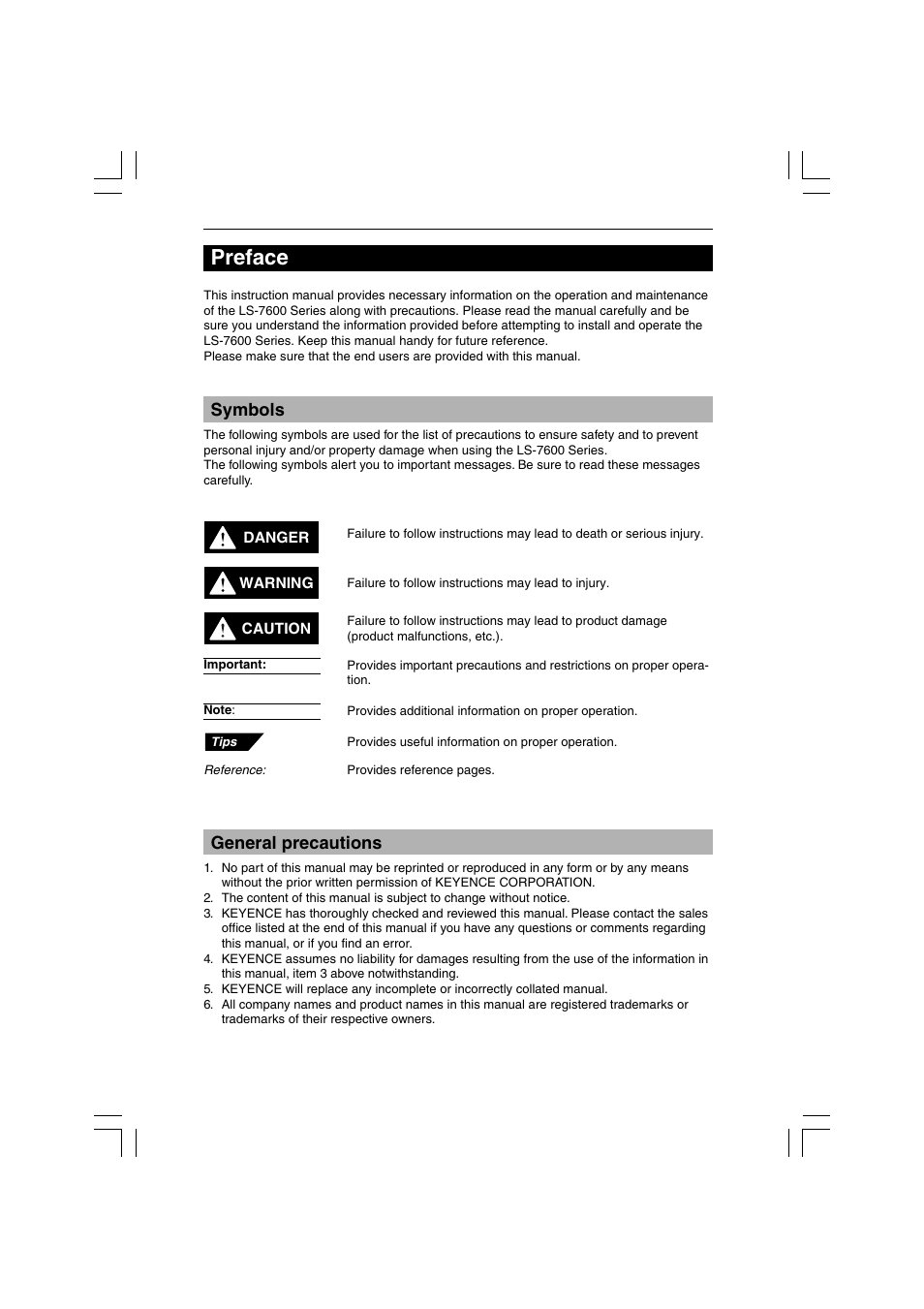 Preface, Symbols, General precautions | KEYENCE LS-7600 User Manual | Page 2 / 220